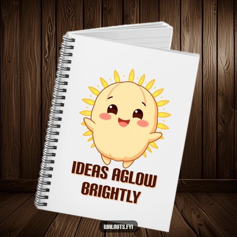 Funny macadamia nut notebook with a radiant golden character smiling and sharing a glowing light, for jotting down bright thoughts humorously.