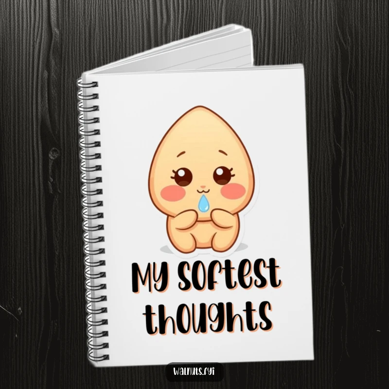 Funny shy light brown almond character with rosy cheeks, holding a notebook and offering a dewdrop, perfect for gentle notes.