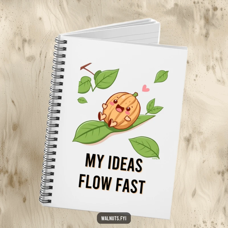 Funny Sliding Walnut Notebook, a delighted walnut sliding down a slope on the cover, ideal for notes and creative ideas.