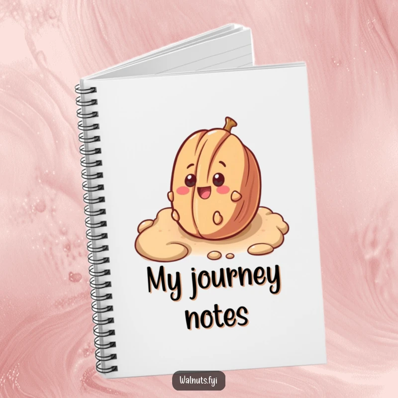 Funny notebook with a surprised pecan smiling as it rolls down a bumpy surface, great for adventure notes.