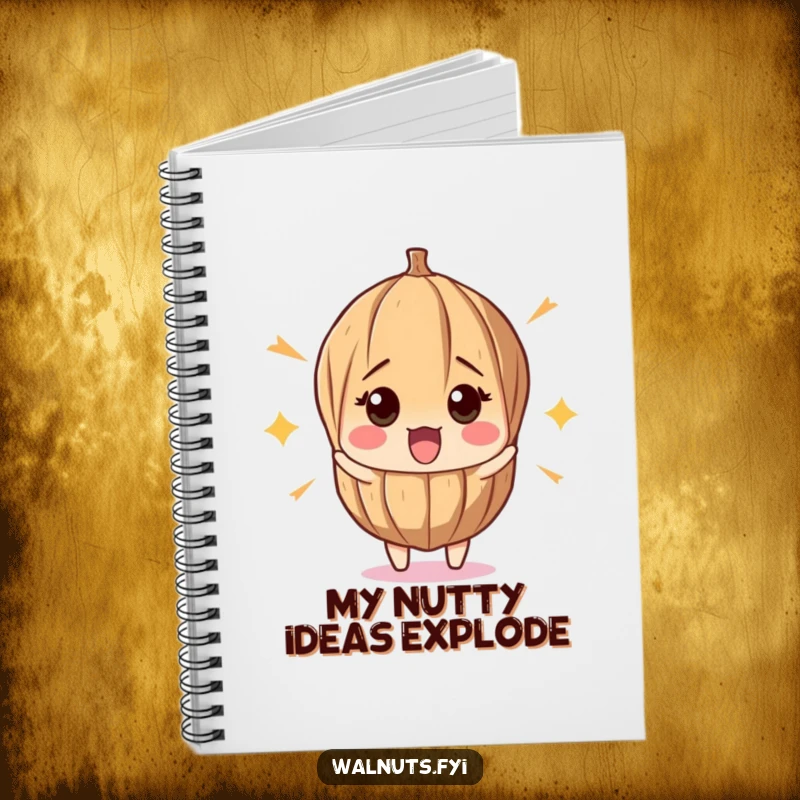 Funny notebook with a surprised walnut recoiling from a pop, perfect for jotting down notes with a touch of humor.