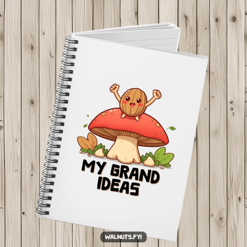 Funny smiling walnut character triumphantly perched on a large mushroom on the cover of this humorous notebook.