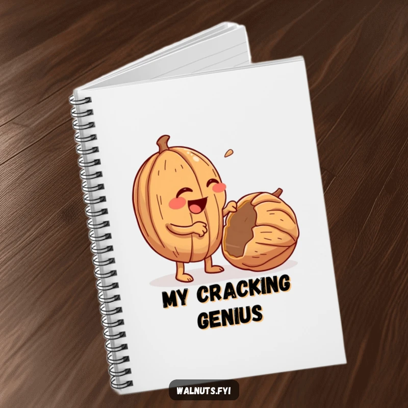 Funny notebook with a giggling, anthropomorphic walnut character enthusiastically cracking open a walnut.