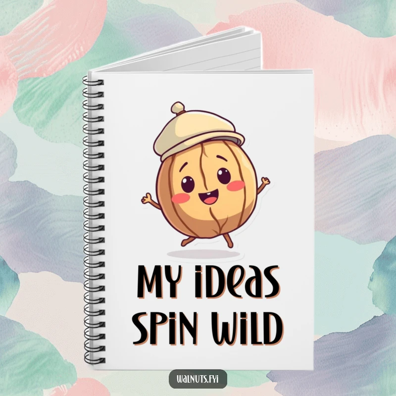 Funny Walnut Dancer Notebook featuring a smiling walnut character in a jaunty cap, doing a little spin, perfect for writing and sketching.