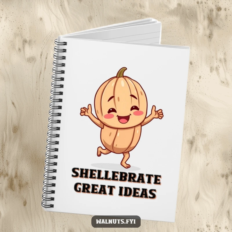 Funny notebook with a cheerful, gnarled walnut character performing a happy jig, ideal for writing and sketching.