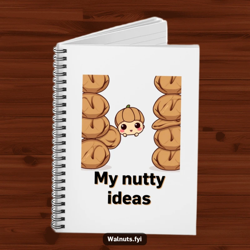 Funny walnut notebook, a curious walnut peeking from behind other walnuts. Ideal for notes or journaling with humor.