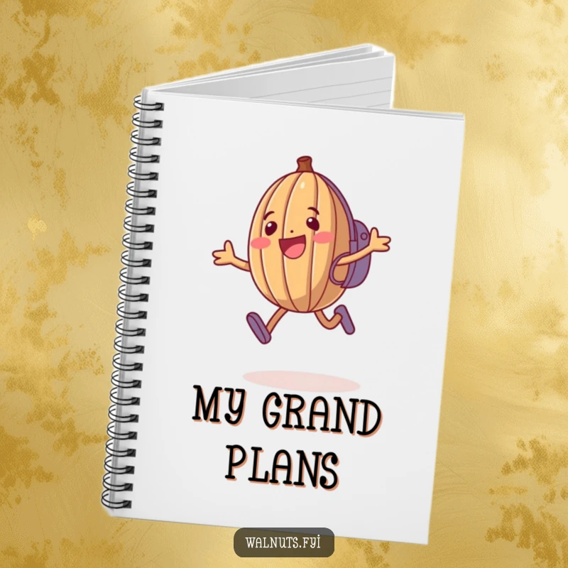 Funny Walnut Notebook: Happy anthropomorphic walnut jumps with backpack, ideal for notes and journaling.