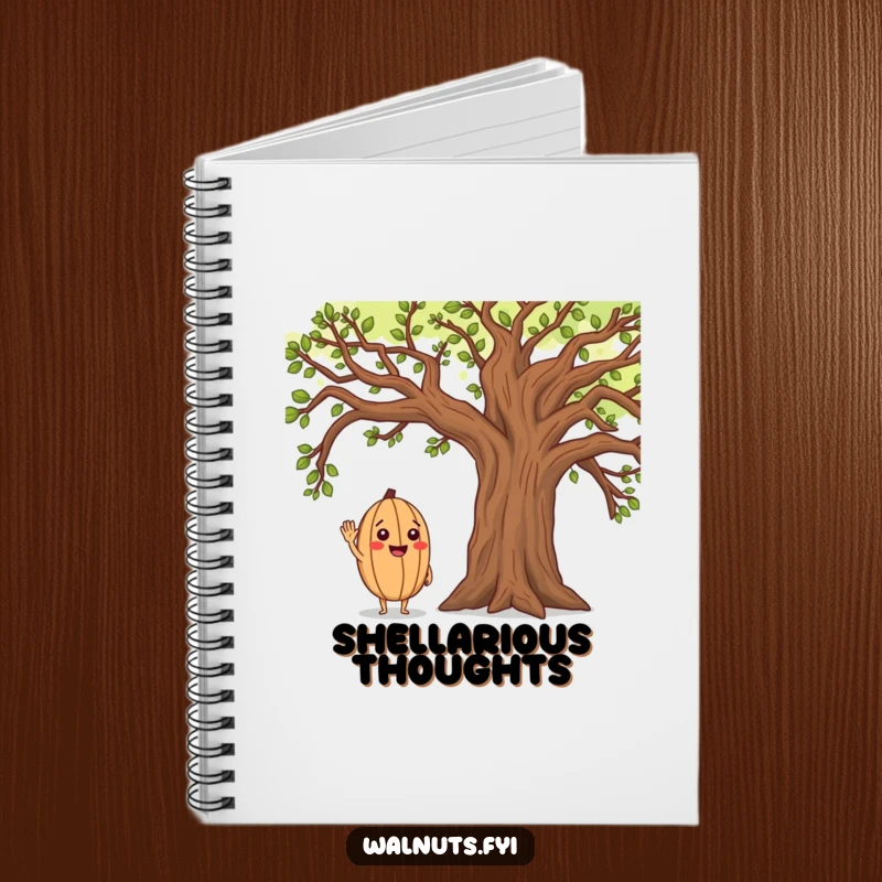 Funny notebook with a happy walnut character saluting a majestic oak tree, ideal for journaling or note-taking with a smile.