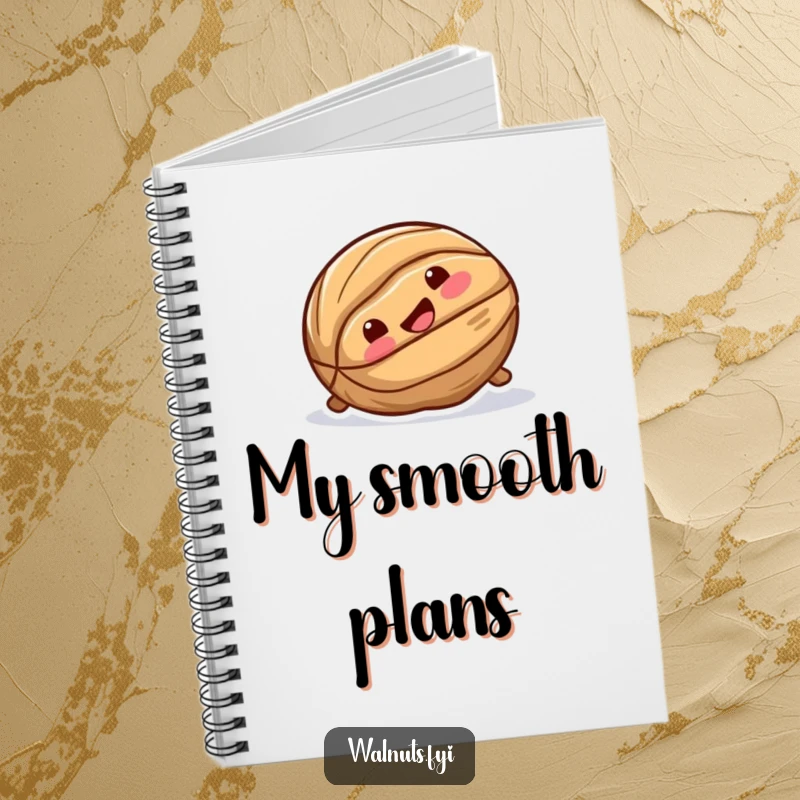 Funny notebook cover featuring a playful walnut joyfully sliding down a smooth surface, perfect for note-taking fun.