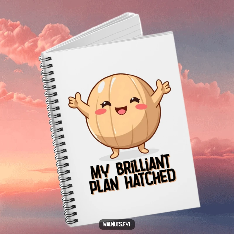Funny Walnut Victory Notebook featuring a round walnut character in a triumphant pose, arms raised in victory, perfect for jotting down achievements.