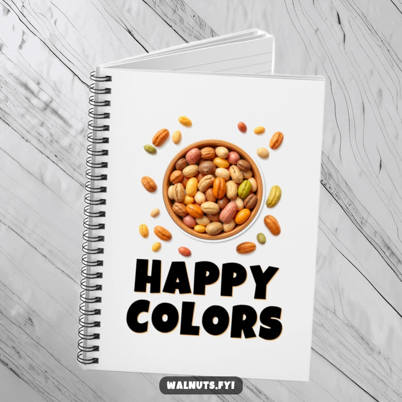 Funny notebook with a bowl filled with colorful nuts, ideal for jotting down ideas with a fun theme, a great funny gift.