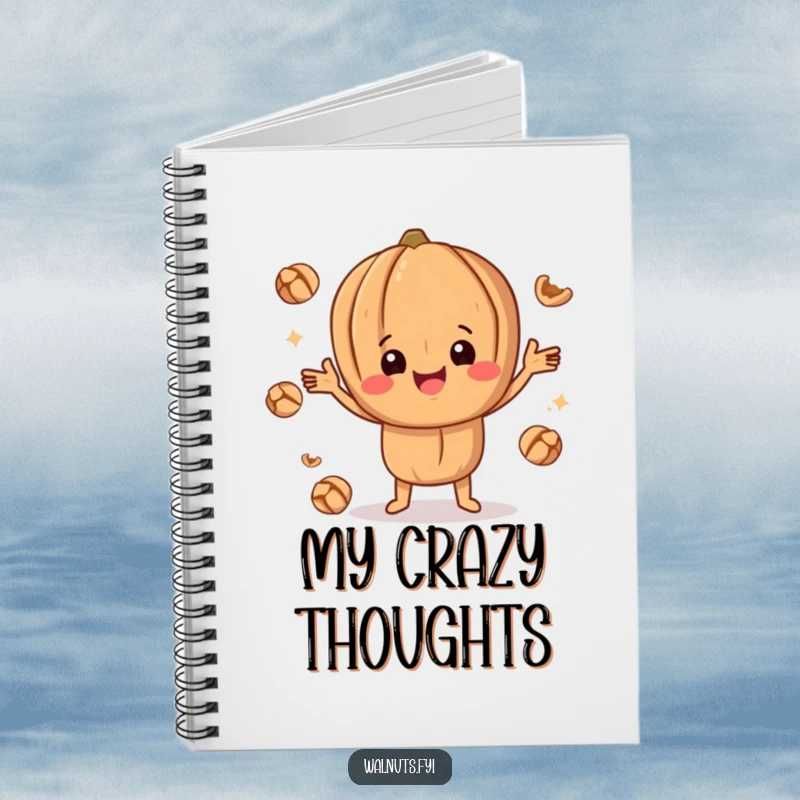 Funny happy walnut character juggling smaller walnut pieces, perfect for writing down funny thoughts and ideas.