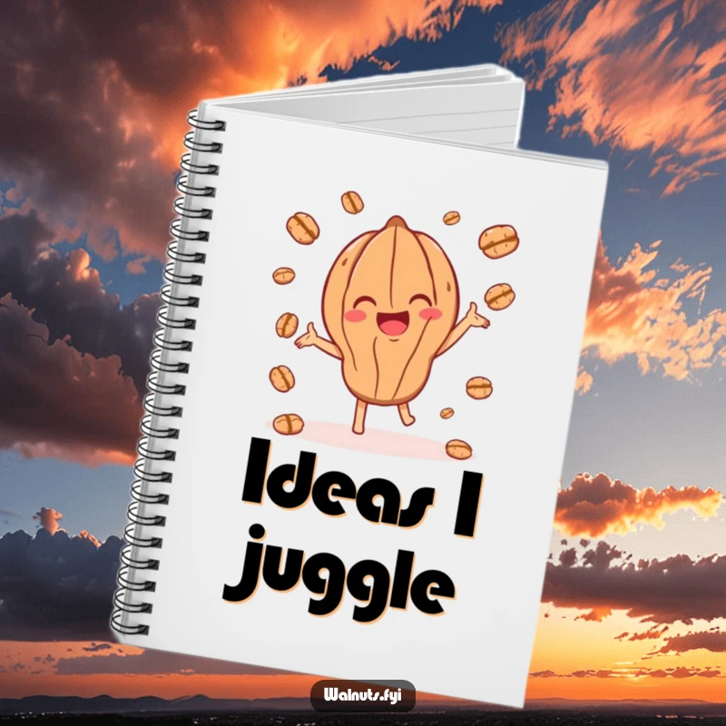 Funny notebook with a joyful walnut character playfully juggling smaller walnut pieces, ideal for writing.