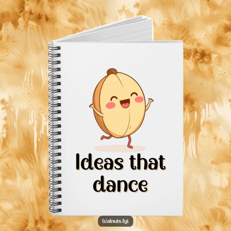 Funny happy walnut jig notebook with a dancing walnut on tiny legs, humorous for note-taking.