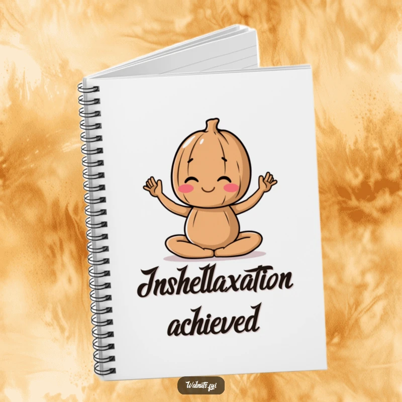 Funny notebook with a walnut character in a serene yoga pose, ideal for jotting down mindful thoughts.