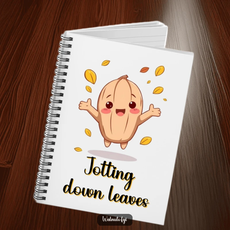Lined funny autumn walnut notebook with a character catching falling leaves, great for journaling.