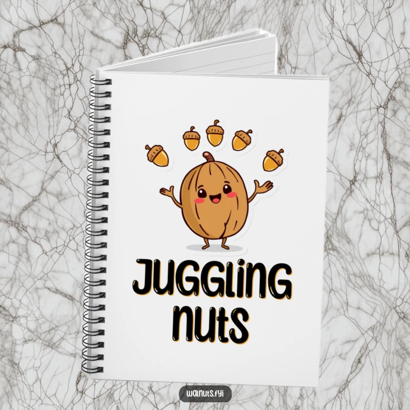 Funny Notebook featuring a stylized walnut character juggling three colorful acorns, perfect for capturing notes and creative ideas.