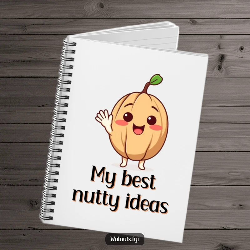 Funny notebook with a delighted walnut character waving a friendly greeting, ideal for jotting down notes and ideas.