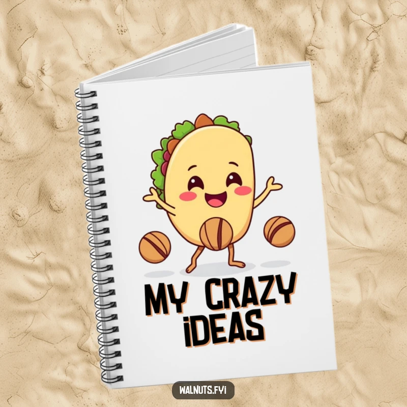 Funny notebook with a cheerful taco juggling walnuts with its legs, ideal for note-taking and journaling.