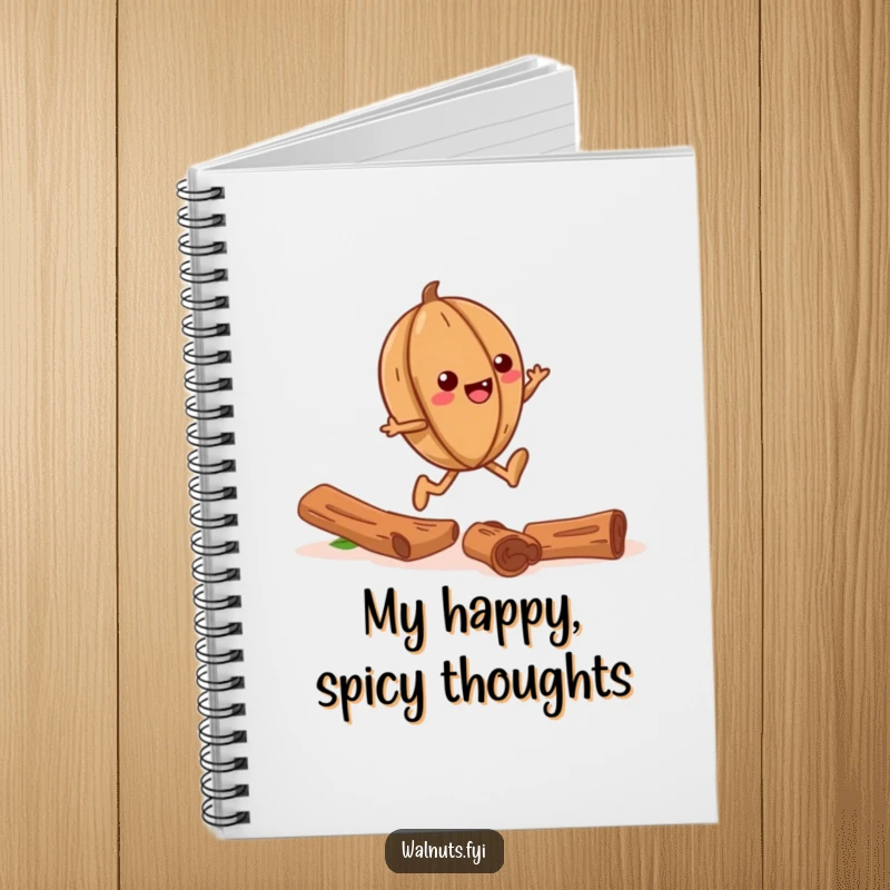Funny notebook cover art of a gleeful walnut skipping down a trail made of cinnamon sticks, perfect for notes.