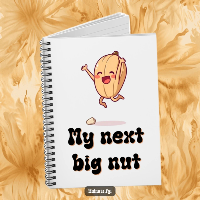 Funny notebook with a cover featuring an anthropomorphic walnut in a triumphant jump, celebrating a successful climb, ready for notes.