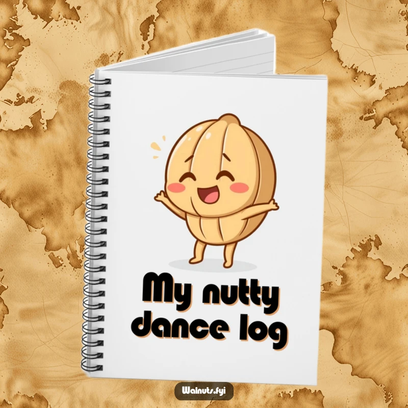 Funny Dancing Walnut Notebook featuring a happy walnut character doing a silly dance, perfect for journaling and note-taking.