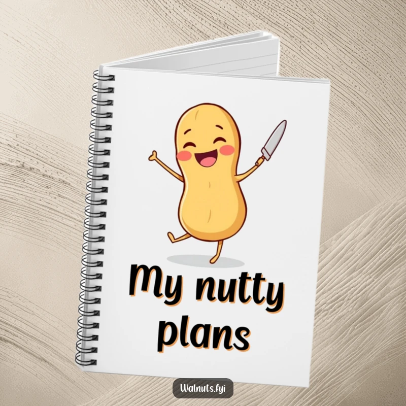 Funny notebook cover with a joyful peanut dancing with a butter knife, inspiring creative thoughts and happy plans.