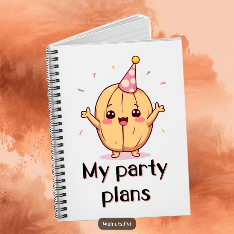 Funny Kawaii walnut notebook, a delighted walnut cheering with a party streamer, great for journaling celebrations.