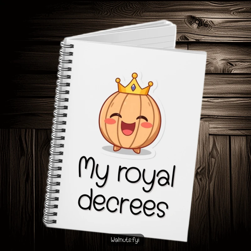Funny notebook featuring a laughing walnut character wearing a tiny crown, perfect for journaling royal thoughts and funny notes.