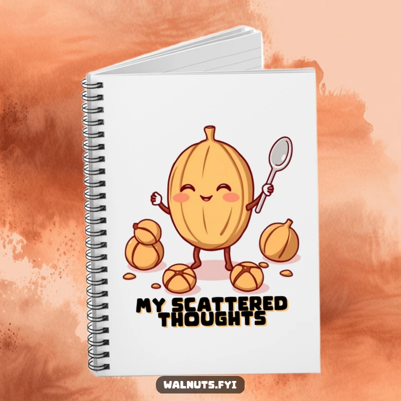 Funny walnut juggler notebook with a smiling walnut juggling a smaller walnut and a spoon, great for jotting down notes with a playful, nutty vibe.