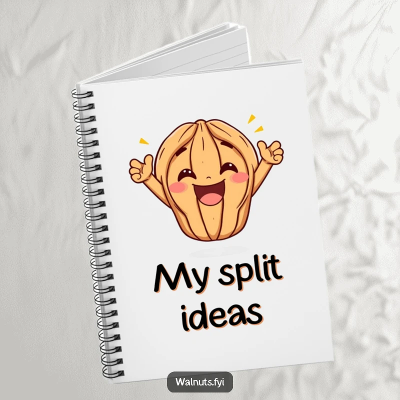 Funny Kawaii Walnut Split Notebook: A cute walnut performs a wide, triumphant split, its massive grin inviting you to fill its pages with victorious thoughts.
