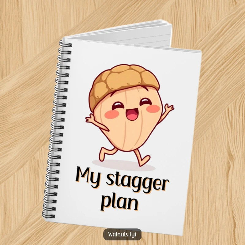 Funny notebook with a giggling walnut character doing a funny little stagger, ideal for writing.