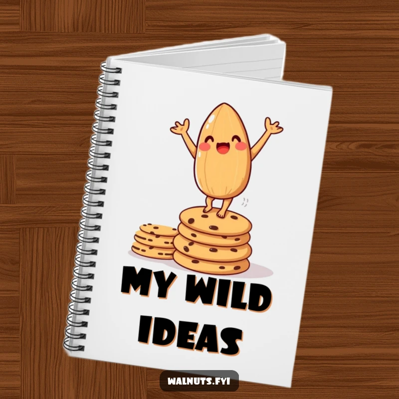 Funny notebook with an amused almond doing a handstand on cookies, great for jotting down plans.
