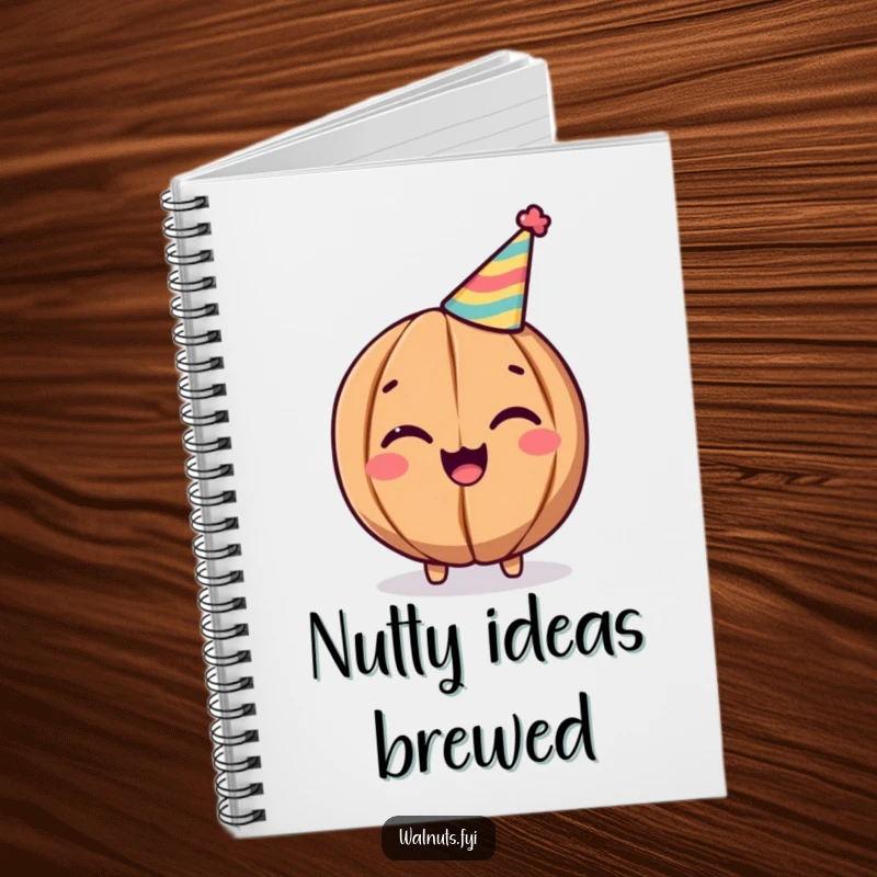 Funny Walnut Notebook: Cheerful winking walnut with a party hat, perfect for notes and party planning, funny gift.