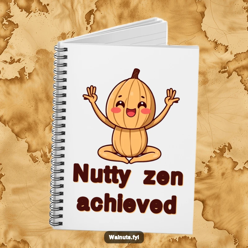 Funny notebook featuring a walnut in a yoga pose, ideal for writing peaceful thoughts.