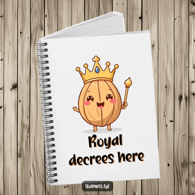 Funny Walnut King Notebook featuring a happy walnut wearing a crown and holding a scepter, ready to jot down notes.