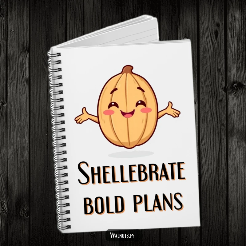 Funny notebook with a smiling walnut character striking a confident pose, great for notes and ideas.