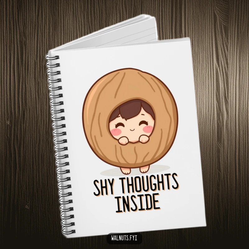 Funny notebook with a shy, blushing walnut character peeking from behind a giant, stylized walnut shell.