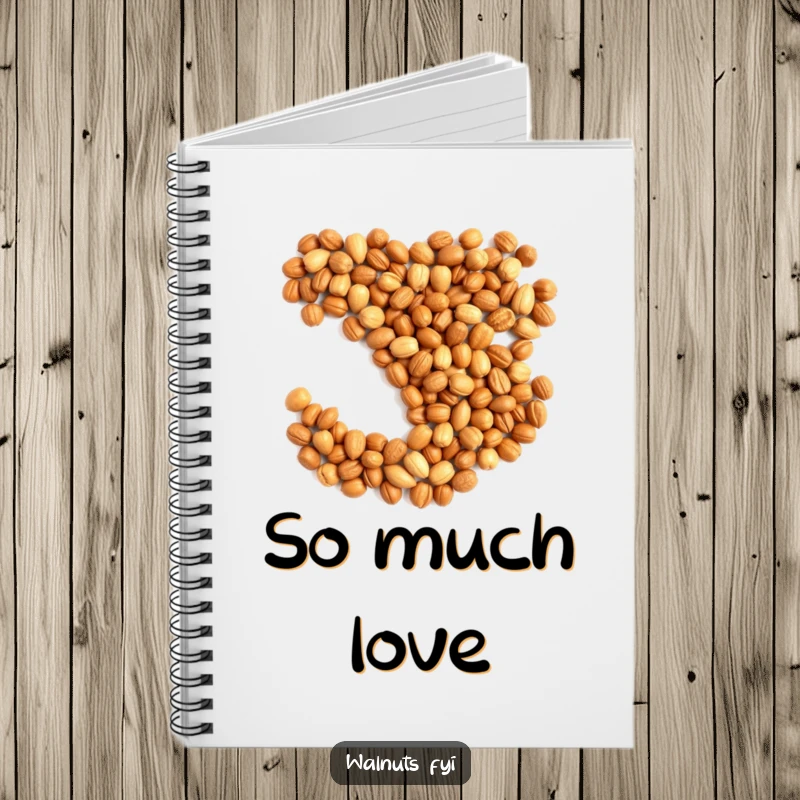 Funny notebook with nuts arranged in a heart shape, ideal for writing loving thoughts.