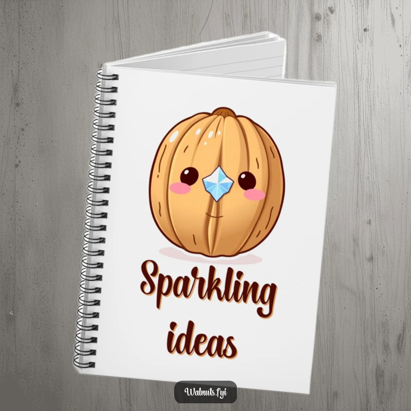 Funny Kawaii walnut notebook, a walnut proudly showing off a tiny sparkling gem, great for journaling treasures.