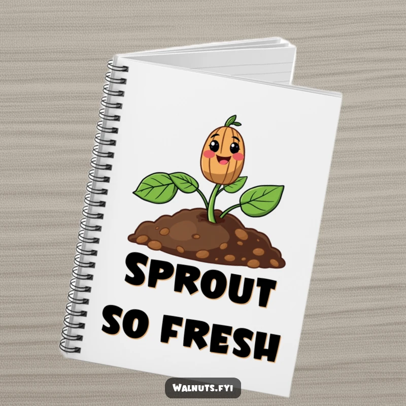 Funny notebook with a happy walnut sprout pushing from the ground, designed for jotting down notes and inspiration.