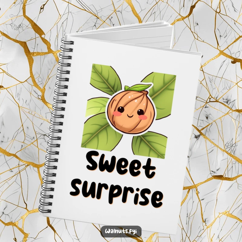 Funny notebook featuring a shy walnut peeking from behind a leaf, perfect for jotting down sweet notes.