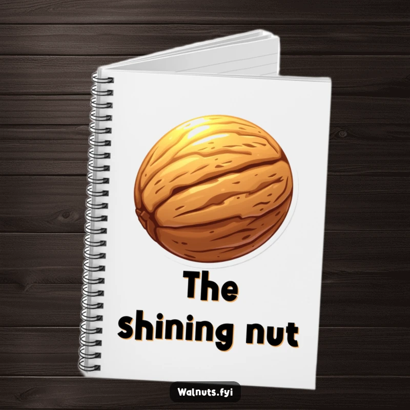 Funny notebook with a glowing walnut, a magical journal for capturing bright thoughts.