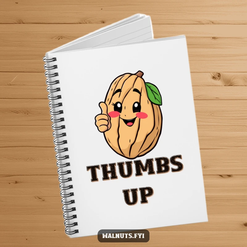 Funny notebook with a happy walnut giving a thumbs up, ideal for jotting down positive thoughts, a great funny gift.