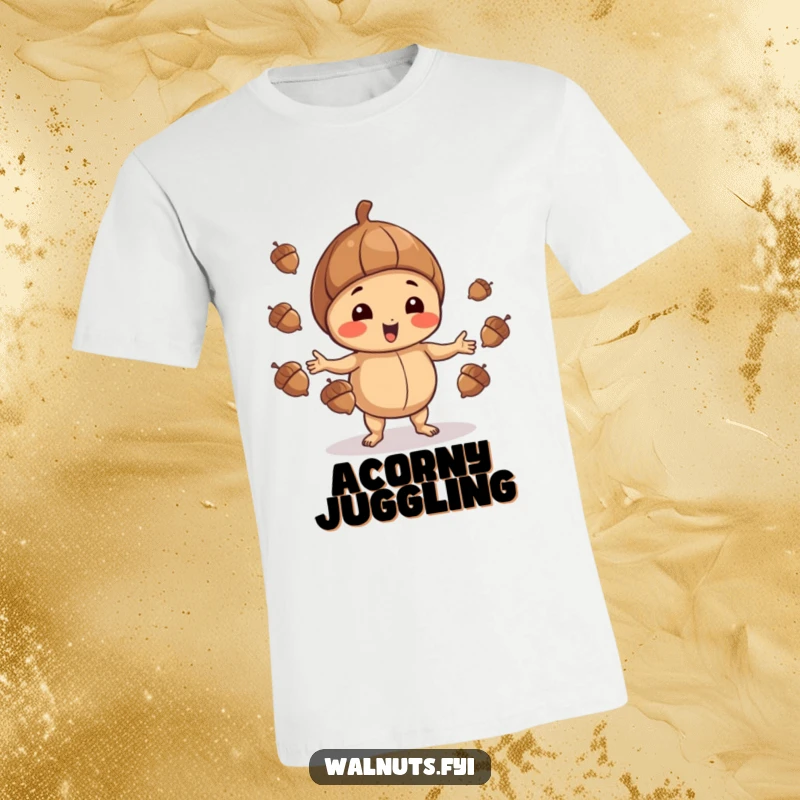 Funny Walnut T-Shirt: Playful walnut juggling acorns, showcasing skill and humor, ideal funny gift.
