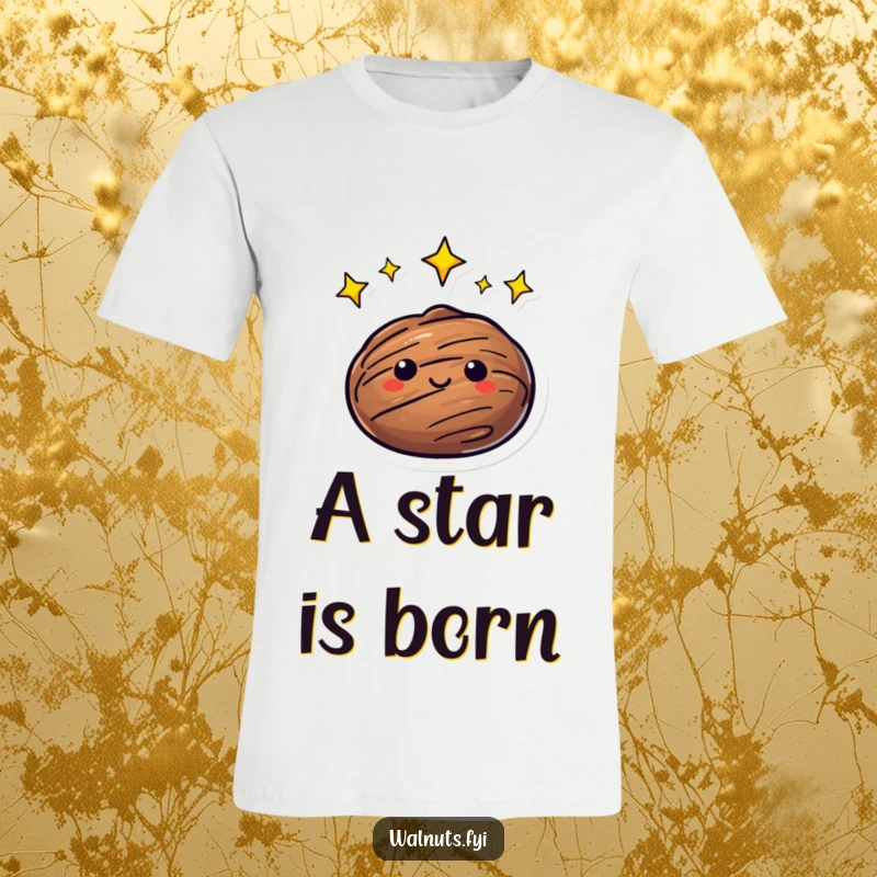 Funny T-Shirt showcasing a walnut with vibrant, twinkling stars orbiting its head, evoking a sense of wonder and cosmic energy.