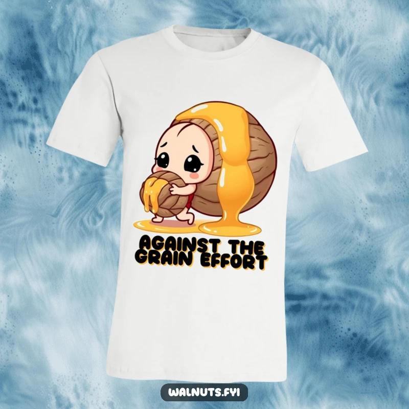 Funny t-shirt depicting a strong walnut struggling but succeeding to push a huge, sticky drop of honey forward.