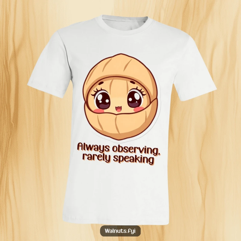Funny t-shirt with a cute walnut character peeking out from its shell with wide, excited eyes.
