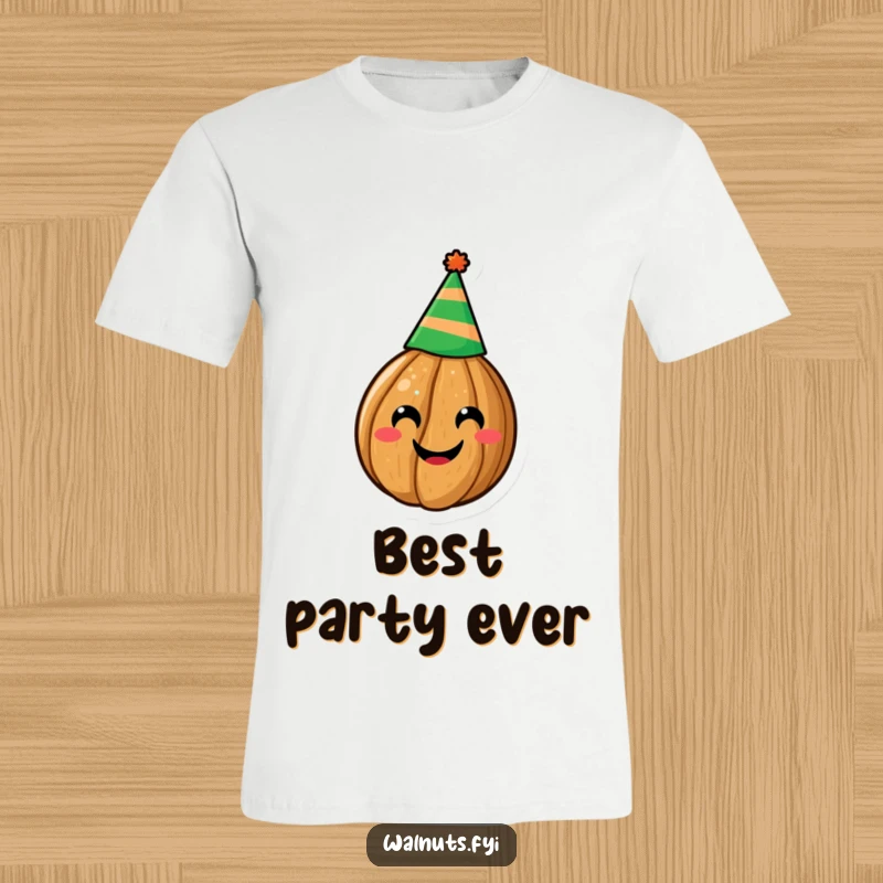 Funny T-shirt showcasing a happy walnut sporting a festive party hat, ready to celebrate, ideal funny gift.