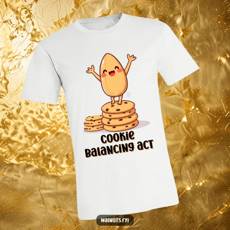 Funny t-shirt featuring an amused almond performing a handstand atop a pile of cookies with a grin.